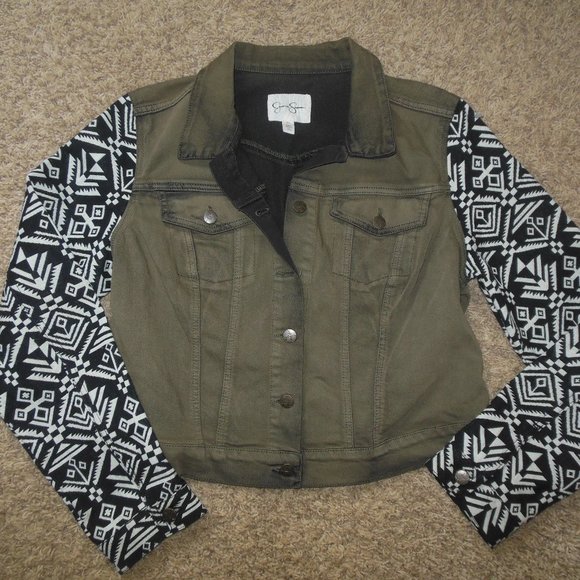 Jessica Simpson XL Olive Green Black/White Arms Jean Jacket Button Front